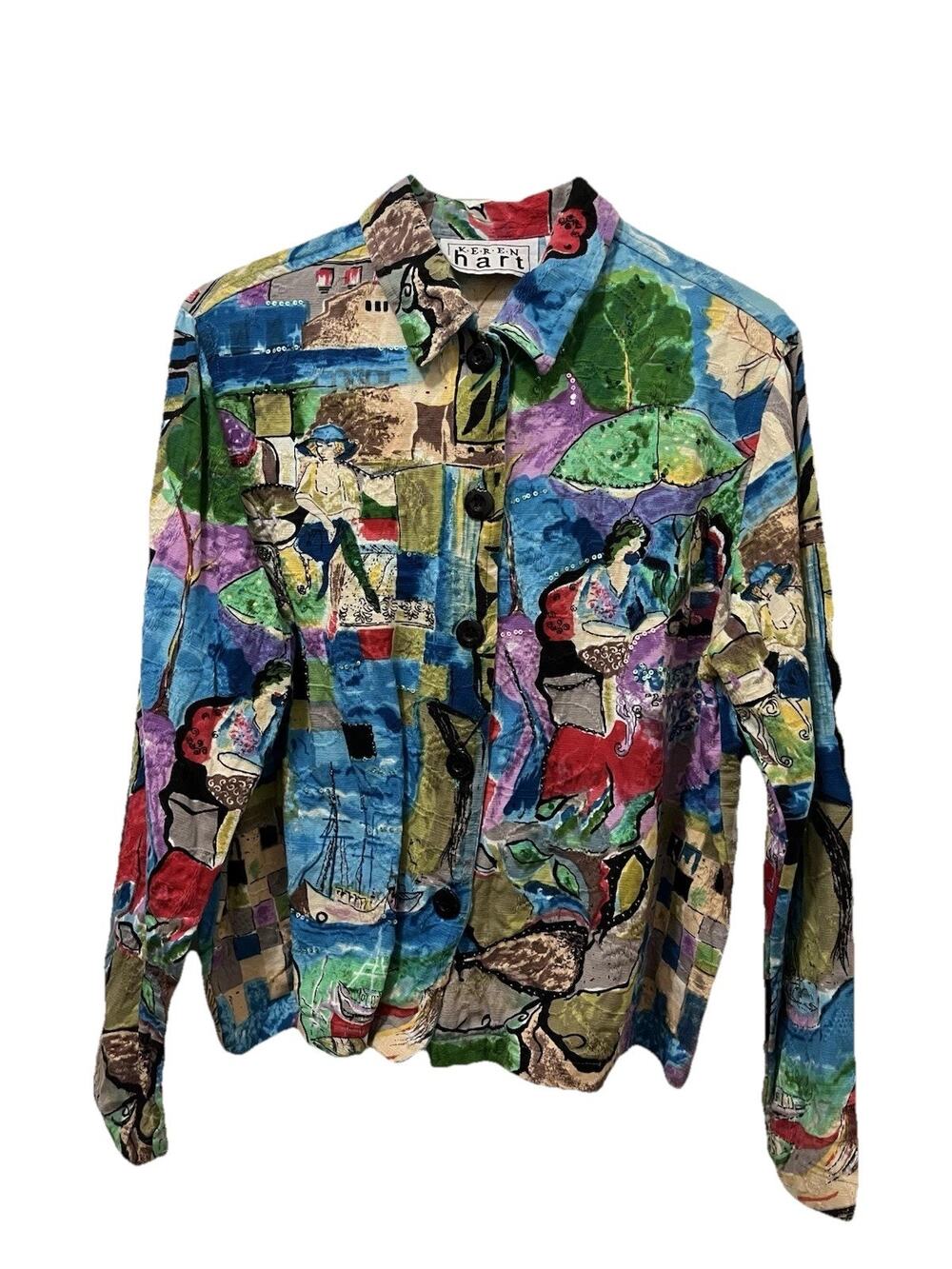 VTG 90s Jacket Coat Art to Wear Colorful Maximalist Lux Riviera Mix Media Beach